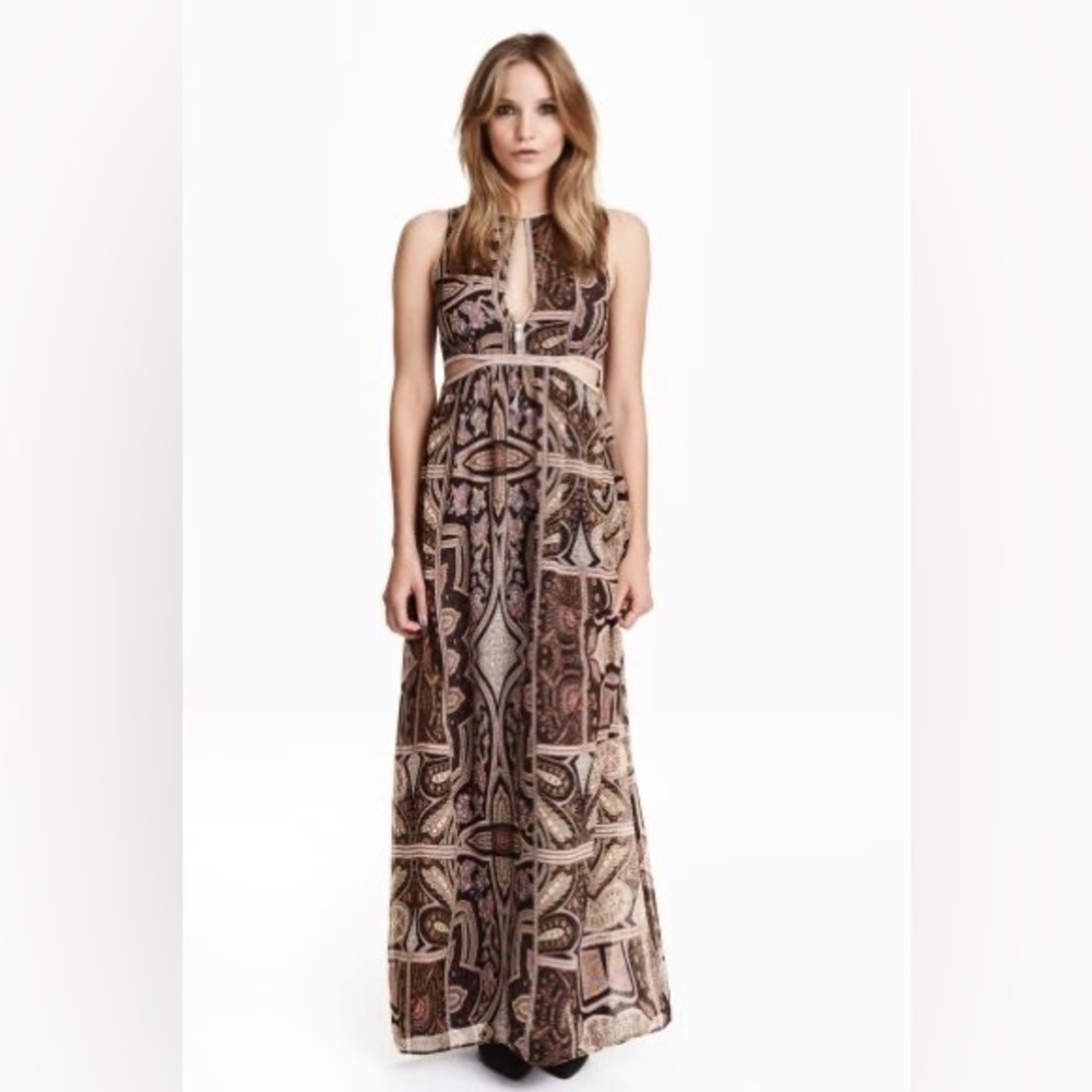 H&m Vintage Style Chiffon Paisley Cut Out Maxi Dress Size 6